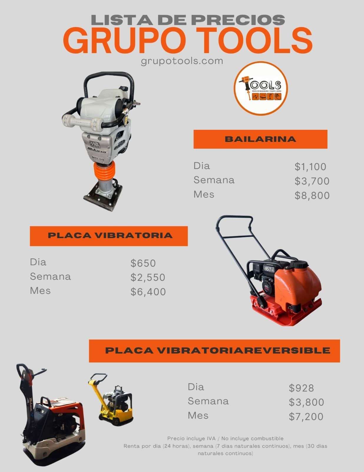 Lista de Precios de renta de maquinaria ligera 2025