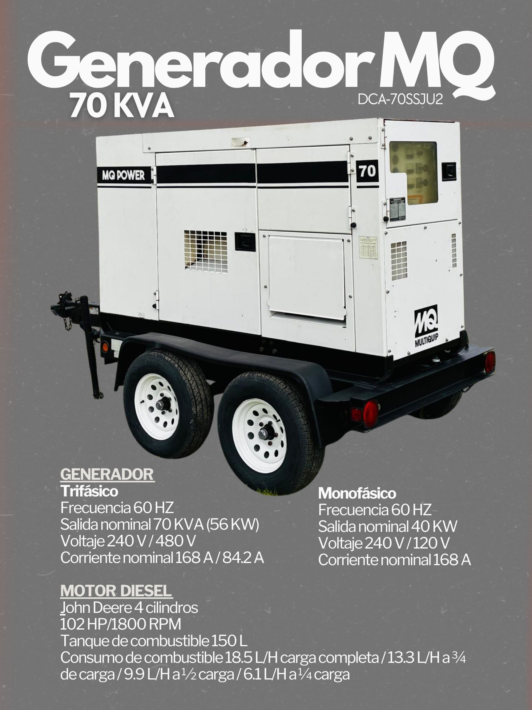 Renta de Generador diesel MQ Power 70kva en Toluca, por dia, por semana, por mes o por evento