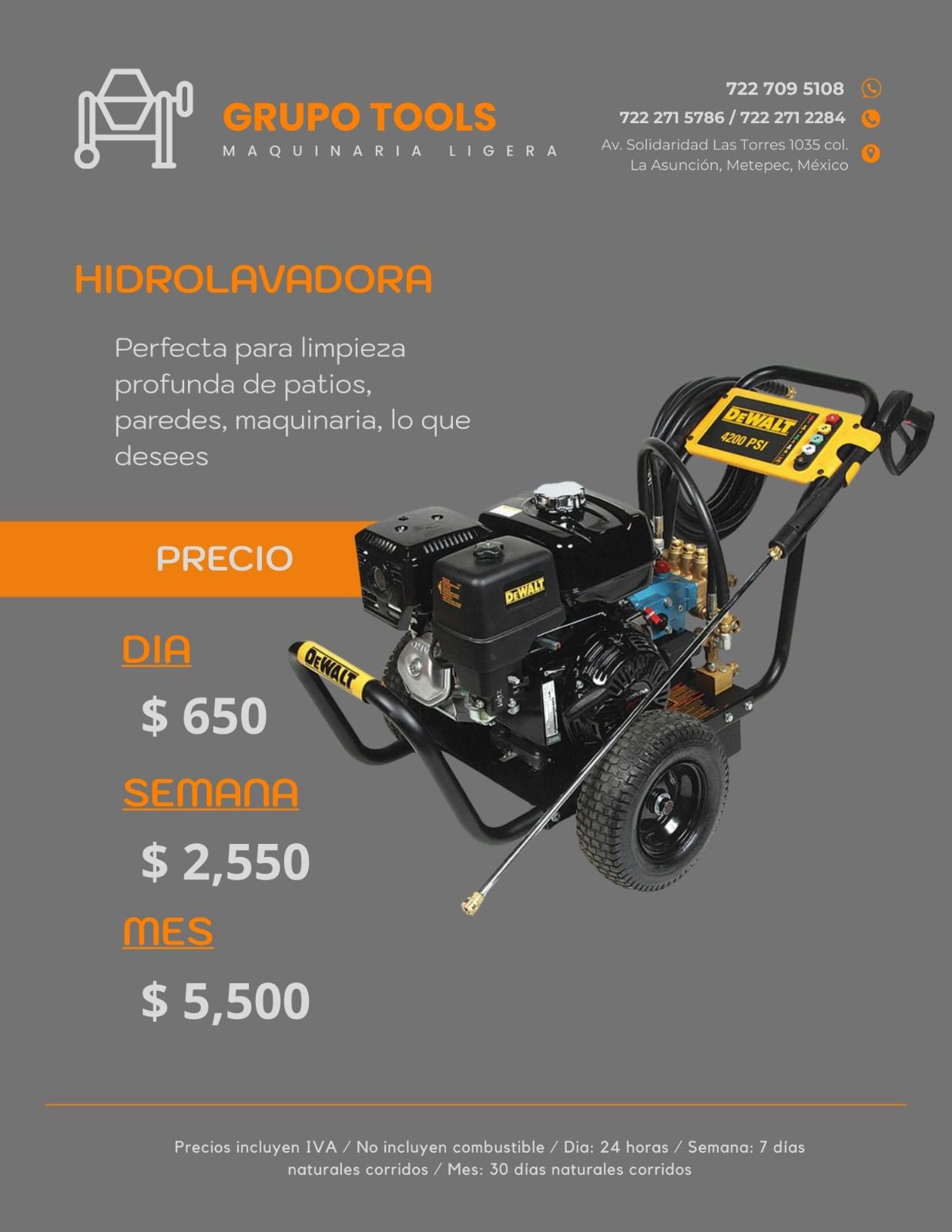 Precio de renta dee hidrolavadora en Toluca