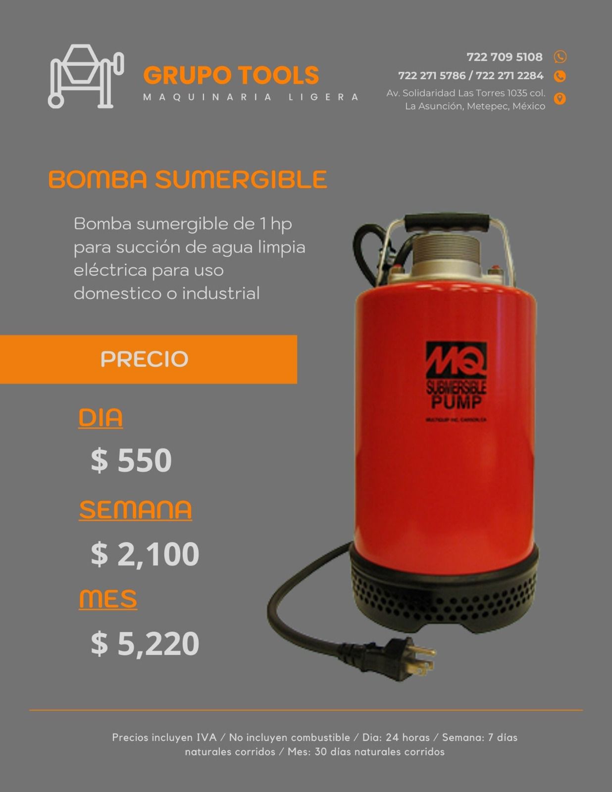 Precio de Renta de Bomba Sumergible en Toluca