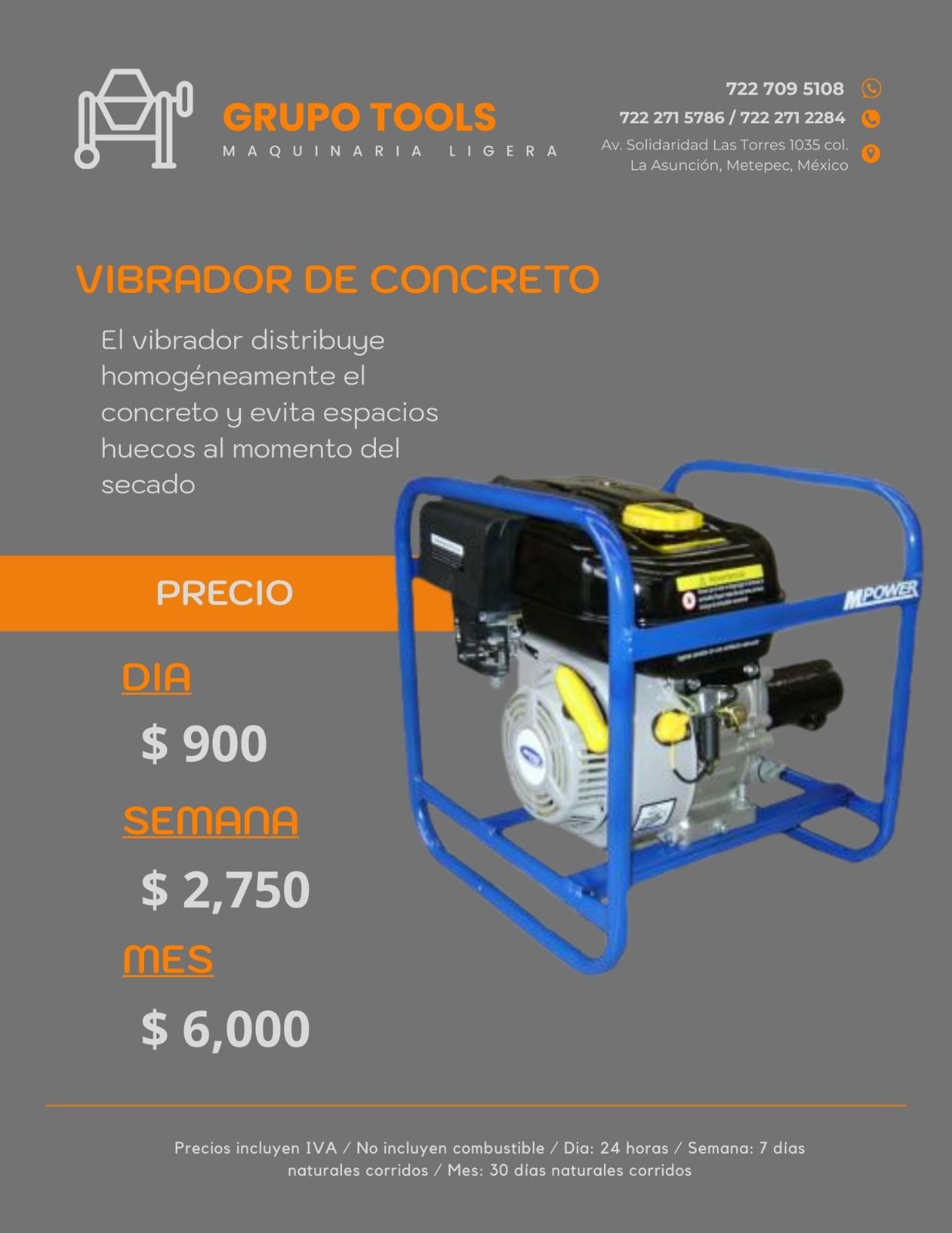 Precio de renta de vibrador de concreto en Toluca