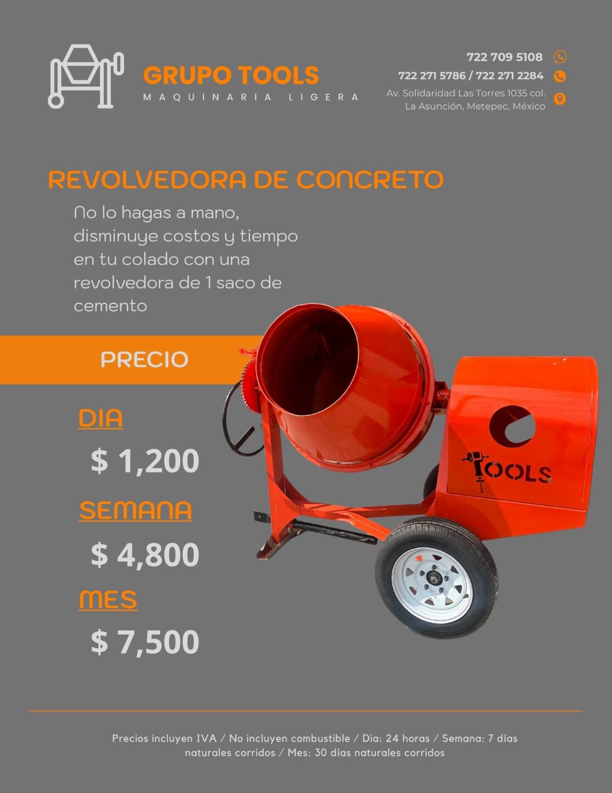 Precio de Renta de revolvedora de concreto en Toluca