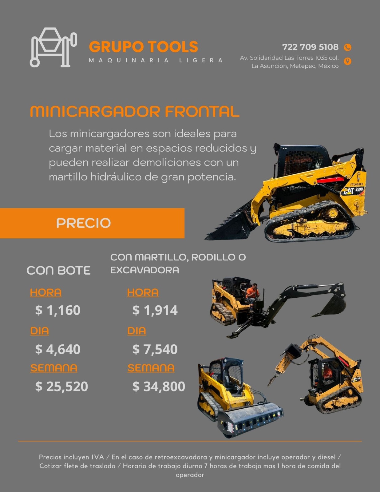 precio de renta de minicargador por día en Toluca