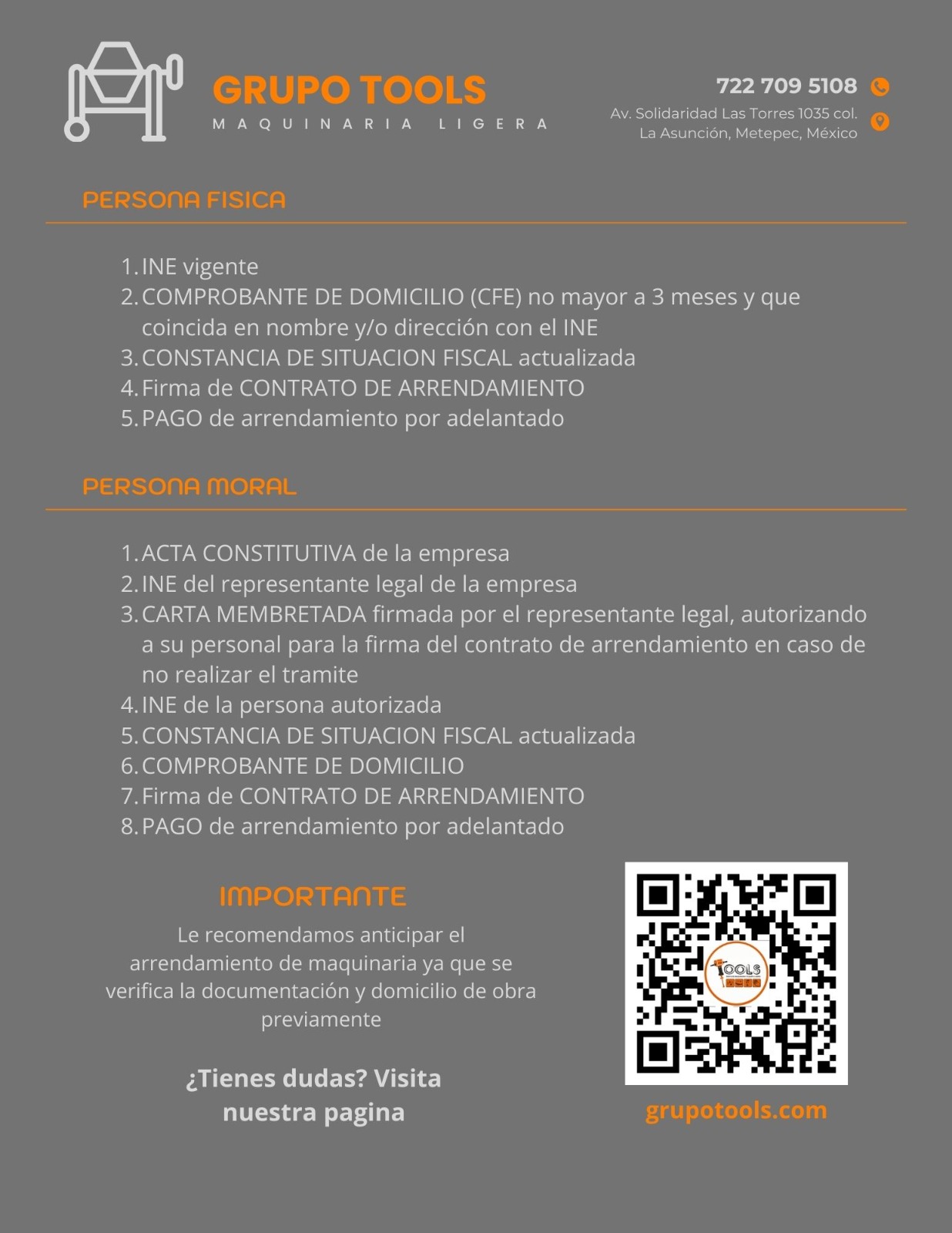 Requisitos para rentar maquinaria en Grupo Tools Toluca