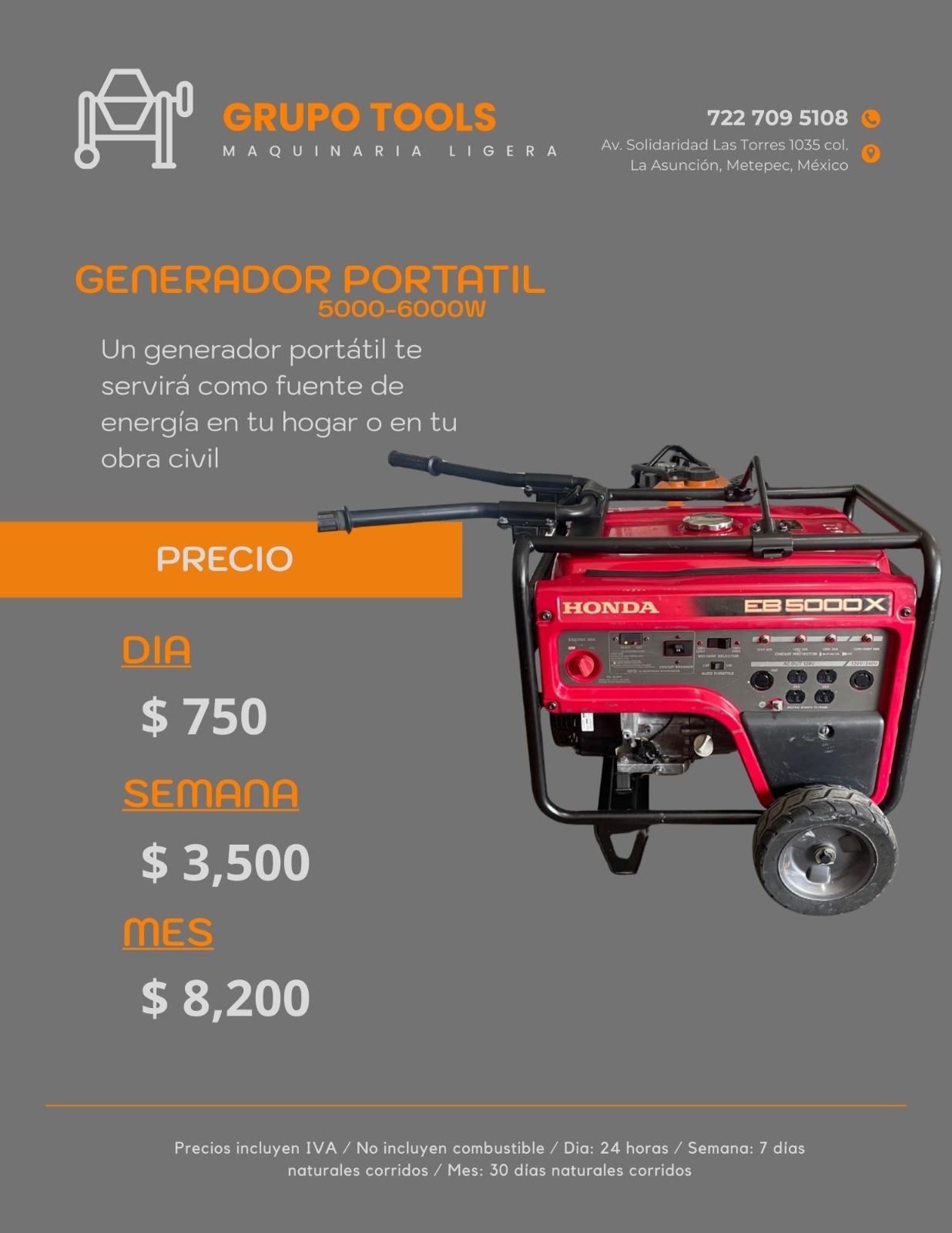 precio de renta de generador electrico