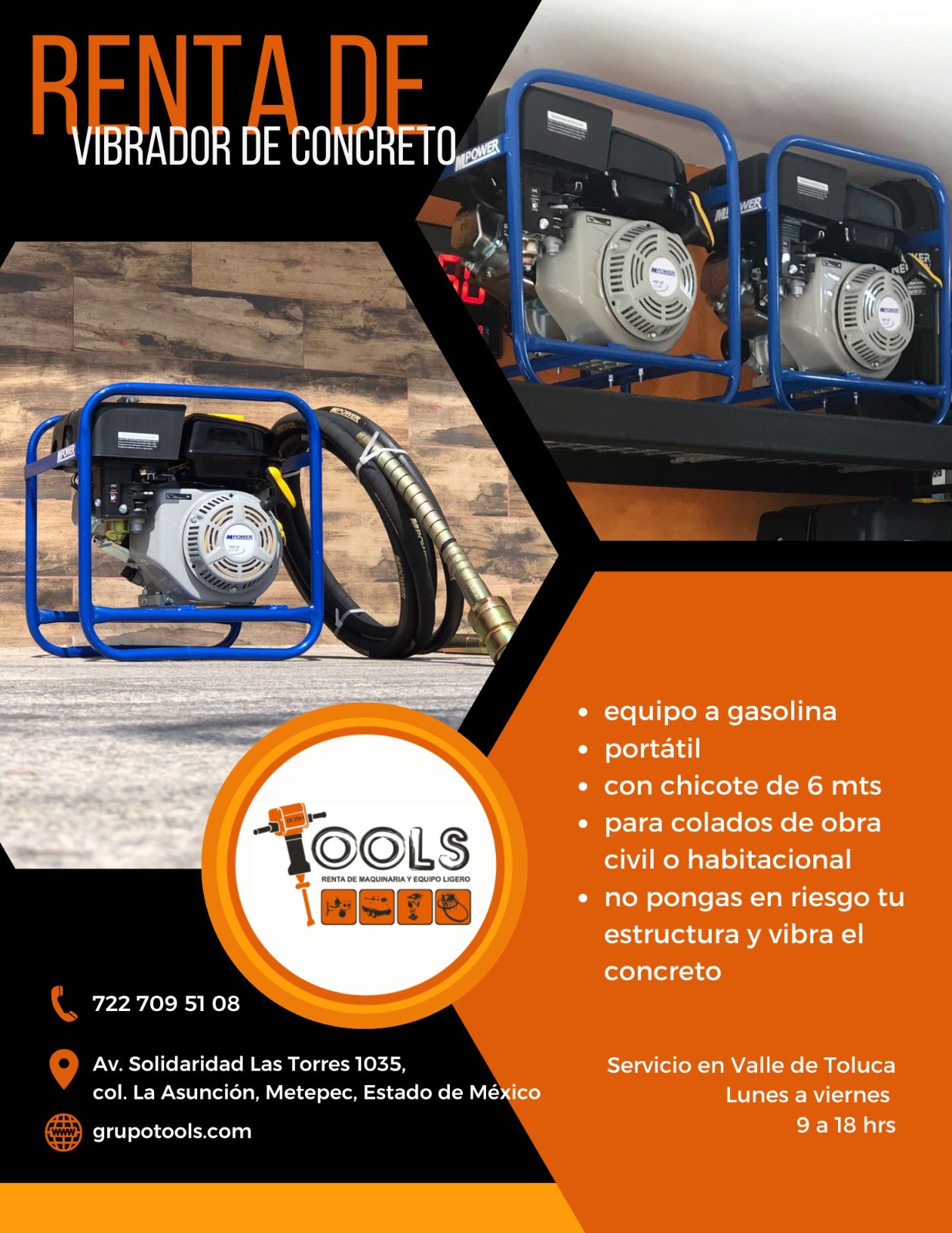 Vibrador de concreto con chicote en exhibición en Grupo Tools