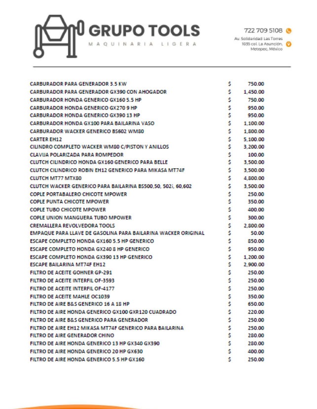 Lista de precio de refacciones para maquinaria