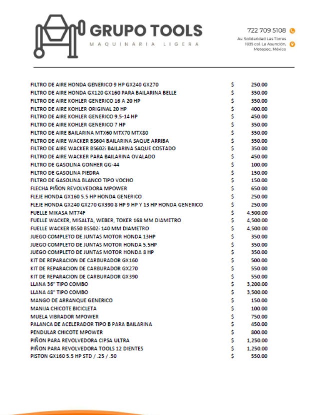 Precio de refacciones para revolvedora en Toluca
