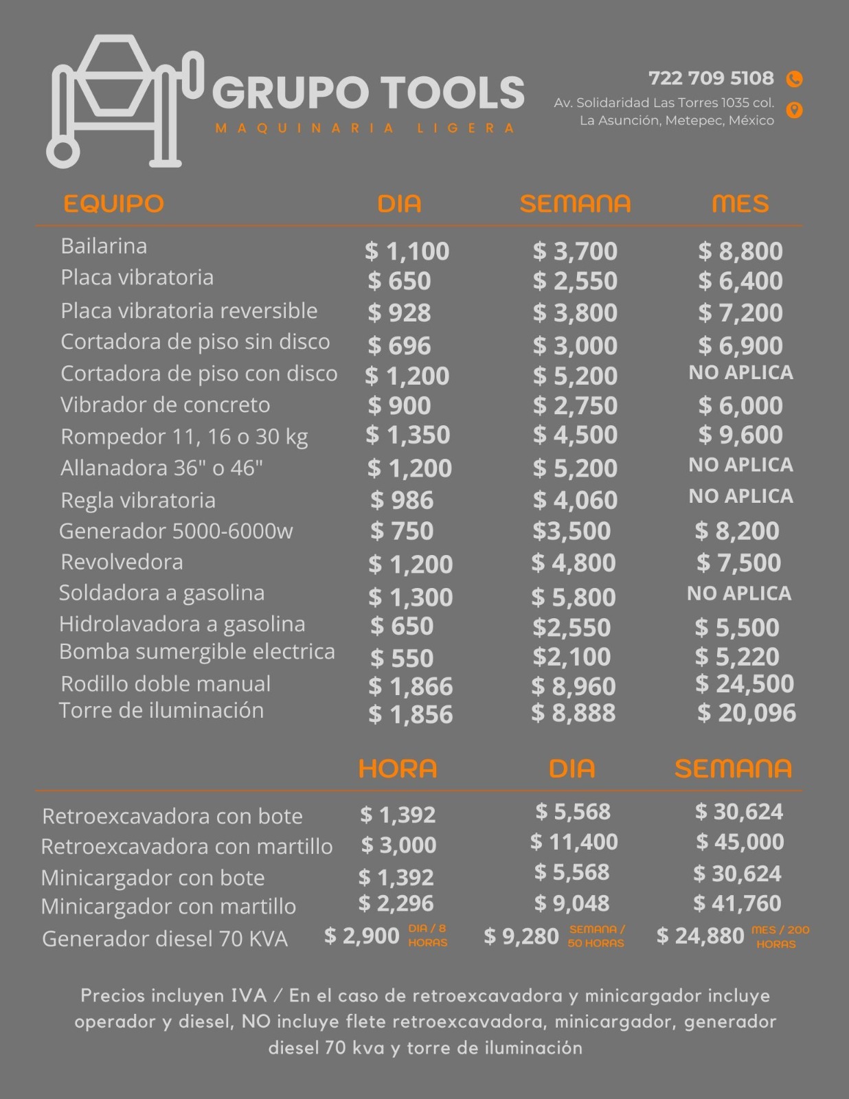 lista de precios de renta de equipo para construcción en Toluca